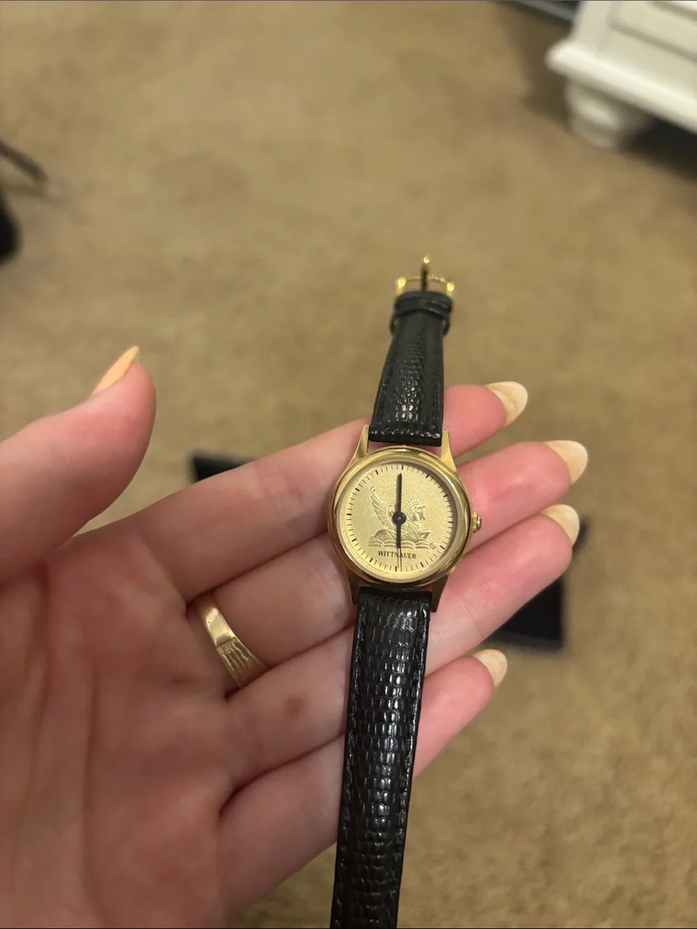 Women's Wittnauer Black Leather Strap Gold-Tone Watch